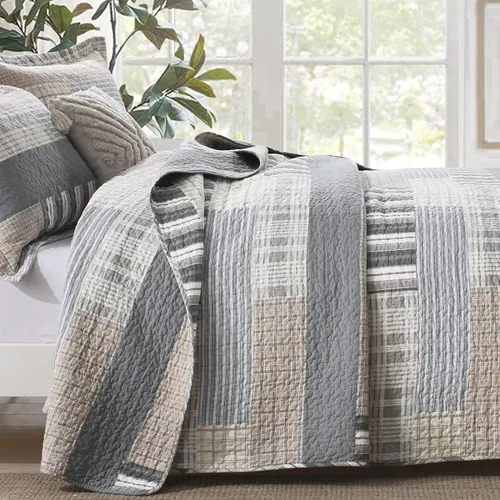 Miniatura 3 de Y-PLWOMEN Edredón de tamaño King - 100% algodón, color marrón gris, edredón de tamaño King, estampado de granja a cuadros, edredón acolchado, 3
