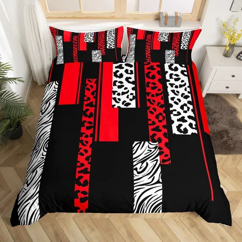 Miniatura 8 de Juego de ropa de cama con estampado de cebra de leopardo, tamaño Queen, para niños, color verde azulado, blanco, negro, juego de funda de edredón