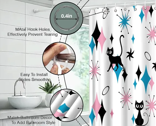 Miniatura 8 de GCTNBJL Mid Century Atomic Cat Shower Curtain Blue Pink Diamond Black Cat Stars Modern Abstract Geometric 1950s 1960s Retro 36x70(WxH) Inches