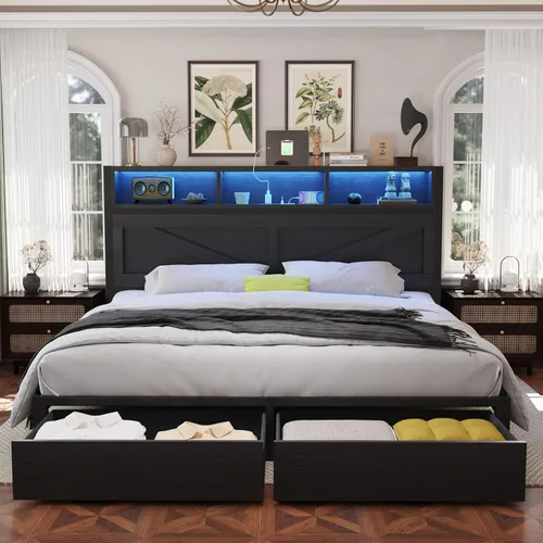 Miniatura 10 de Marco de cama matrimonial de estilo granja con cabecera de estantería y cajones de almacenamiento, luces LED y estación de carga, no necesita Marrón