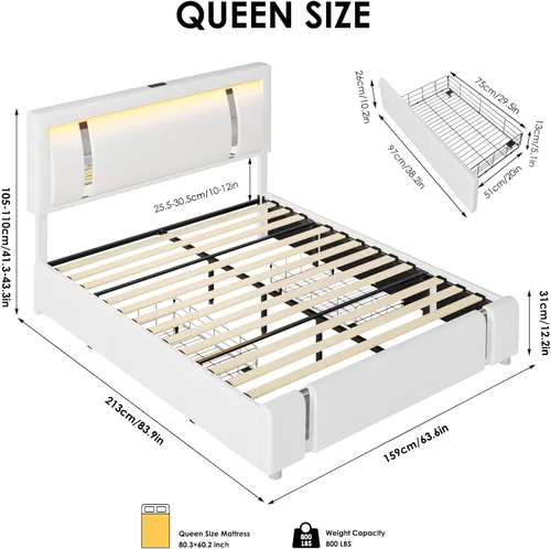 Miniatura 2 de Keyluv Marco de Cama Queen con Cabecero de Luces LED RGB y 2 Cajones de Almacenamiento, Plataforma Inteligente Moderna Tapizada de Cuero Sintético