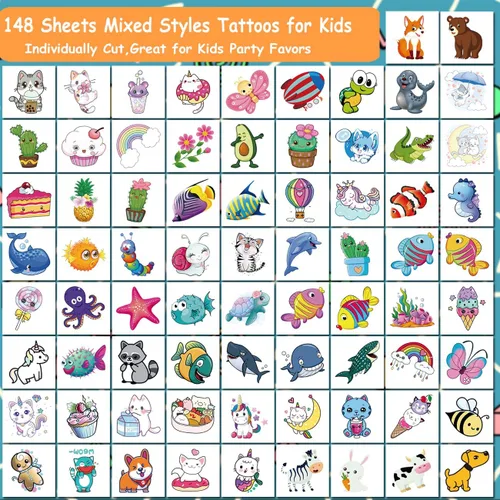 Miniatura 3 de CHARLENT Tatuajes para niños – 148 hojas individuales de estilos mixtos de tatuajes temporales, juego de calcomanías para niñas y niños, suministros