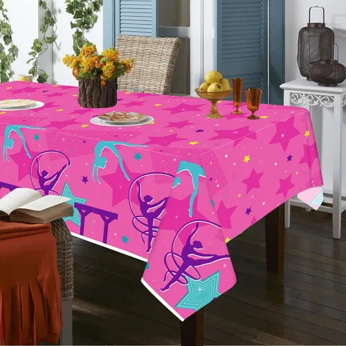 Miniatura 5 de Mantel de 3 piezas para decoración de fiesta de cumpleaños de gimnasia, suministros para fiestas temáticas de gimnasia, funda de mesa de gimnasia
