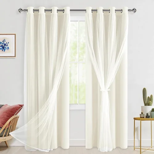 Miniatura 113 de Hiasan Cortinas opacas con superposición transparente, aislamiento térmico para mezclar y combinar de doble capa, cortinas de oscurecimiento de Beige