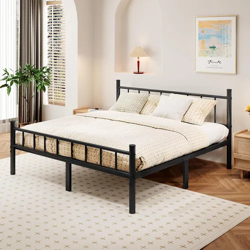 Miniatura 7 de zizin Estructura de cama de metal tamaño completo con cabecera y pie de cama, plataforma de metal de 14 pulgadas, base de colchón con listones