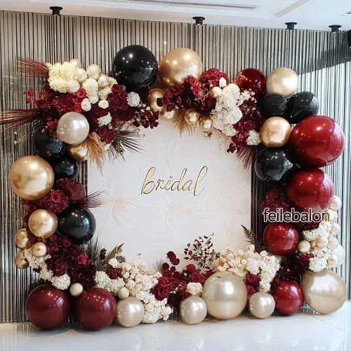Miniatura 9 de Kit de arco de globos color burdeos y negro, doble relleno, color granate, rojo oscuro, perla, blanco, arena, dorado, guirnalda de globos