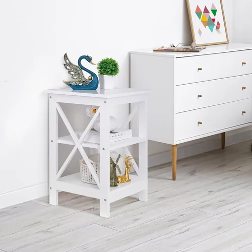 Miniatura 8 de ZENY Juego de 2 mesas auxiliares, estante de almacenamiento lateral para sofá, mesa auxiliar de madera versátil con diseño X, sala de estar, Blanco