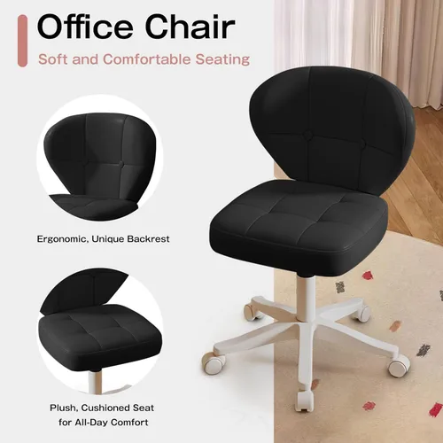 Miniatura 6 de Silla pequeña de oficina con soporte lumbar, silla de escritorio giratoria sin brazos de piel sintética de altura ajustable, silla compacta con Negro