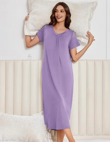 Miniatura 3 de Ekouaer Paquete de 3 camisones largos para mujer, talla grande, vestido de casa de manga corta, cuello en V, camisón casual, M-5XL