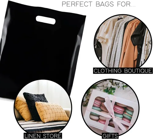 Miniatura 4 de Purple Q Crafts Bolsa de plástico con asa troquelada, 15 x 18 pulgadas, bolsas de plástico negro para mercancías, paquete de 50 unidades para venta