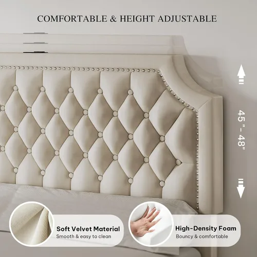 Miniatura 4 de DWVO Base de cama de tamaño matrimonial con cabecera ajustable, 4 cajones de almacenamiento y estación de carga, marco de cama tapizado de Beige