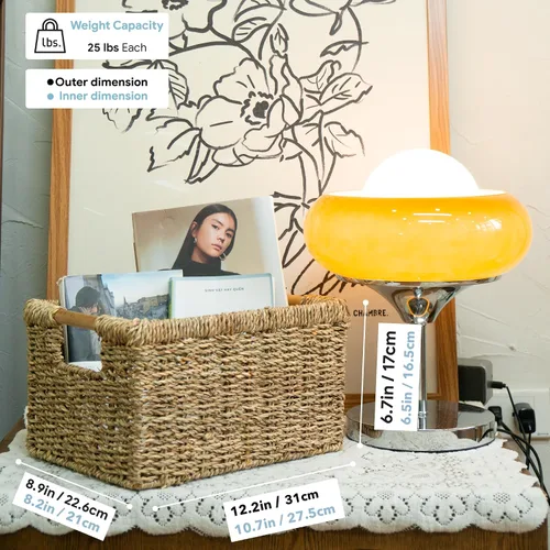 Miniatura 4 de Cesta de hierba marina natural con mango de madera, cesta de mimbre rectangular mediana para sala de estar, 12.2 x 8.9 x 6.7 pulgadas, paquete de 3