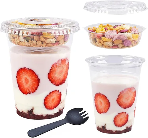Miniatura 9 de TOFLEN Vasos de plástico transparente para yogur y parfait con tapas, desechables para llevar, tazas de cereales para desayuno, aperitivos, frutas