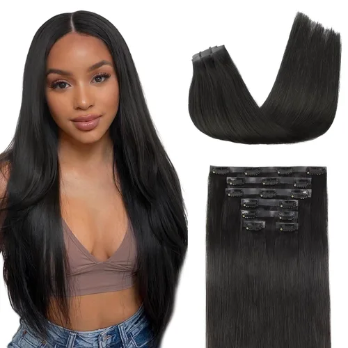 Miniatura 71 de Lashey - Extensiones de cabello con clip sin costuras, de cabello humano real, 7 unidades, 110 g, 14 pulgadas, color negro natural, lacio