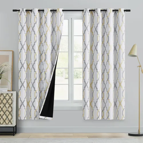 Miniatura 2 de Cortinas 100% blackout, de 54 pulgadas de largo, para dormitorio, amarillo gris sobre blanco con patrón geométrico marroquí, para sala de estar
