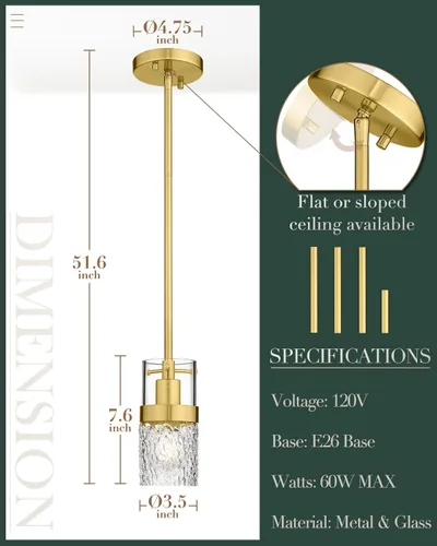 Miniatura 5 de LMS Paquete de 2 Luces Colgantes Modernas, Luz Colgante Dorada Cepillada para Isla de Cocina con Vidrio Martillado, Lámparas Colgantes Ajustables