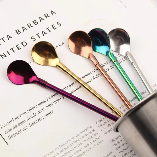 Miniatura 2 de 7 popotes de metal para beber con 2 cepillos de limpieza de 8.5 pulgadas, cuchara de barra reutilizable para café helado, bebida congelada, batidos
