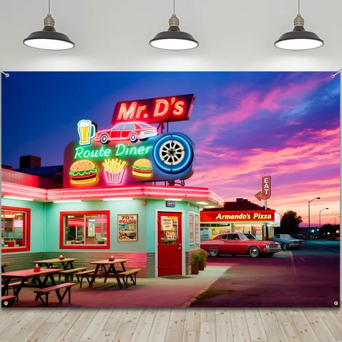 Miniatura 9 de HANYING Fondo retro para cena de los años 50, Ruta 66 Restaurante Ciudad Nocturna, Fondo de Fotografía, 7 x 5 pies, Decoración de fiesta
