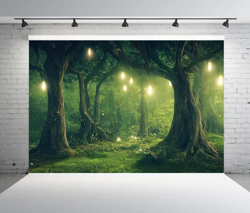Miniatura 3 de Renaiss Telón de fondo de bosque encantado de 5 x 3 pies, de poliéster, cuento de hadas del país de las maravillas, bosque, árboles mágicos verdes