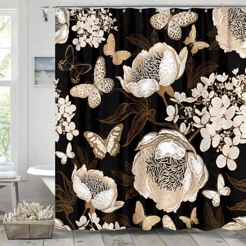 Miniatura 3 de Cortina de ducha de mariposa floral negra y dorada, cortina de ducha bohemia con diseño botánico de flores oscuras para baño con gancho, juego