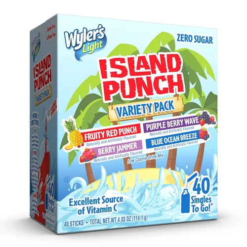Wyler's Light Island Punch Singles to Go, paquete variado, ponche rojo afrutado, ola de bayas moradas, jammer de bayas y brisa azul del océano, 1