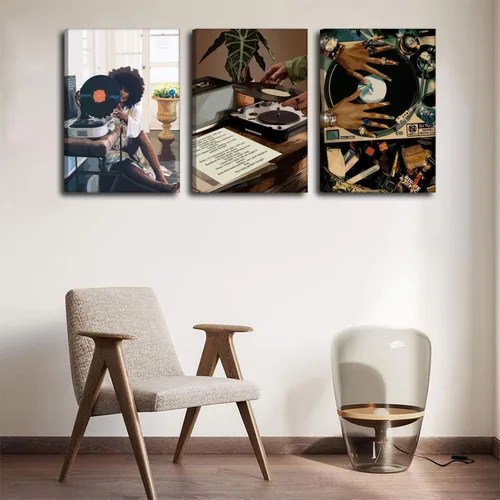Miniatura 3 de Lienzo enmarcado de niña negra, 3 unidades, diseño de niña negra, música de discos, decoración de pared, cuadros de niña negra funky, pósteres