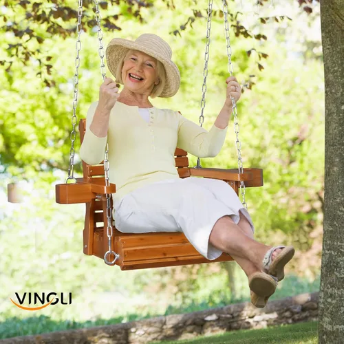 Miniatura 6 de VINGLI Columpio de madera resistente para porche de patio para 1 persona de 440 libras con asiento más profundo y respaldo más alto y portavasos