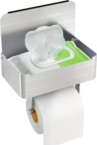 Miniatura 12 de JUYSON Soporte de papel higiénico con estante, dispensador de toallitas desechables para almacenamiento de toallitas de baño, mantiene tus toallitas
