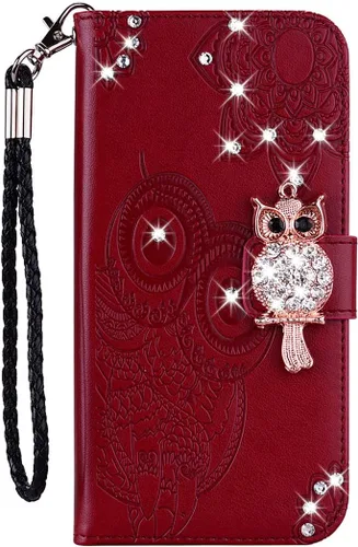Miniatura 3 de CCSmall Funda para Samsung Galaxy A04 con soporte para tarjeta de crédito, con purpurina y diamantes de imitación de piel sintética para Samsung Rojo