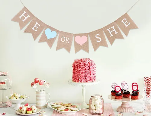 Miniatura 3 de Cartel de arpillera con texto en inglés «He or She – Decoración de baby shower, revelación de género, cartel rústico de ducha para niñas y niños