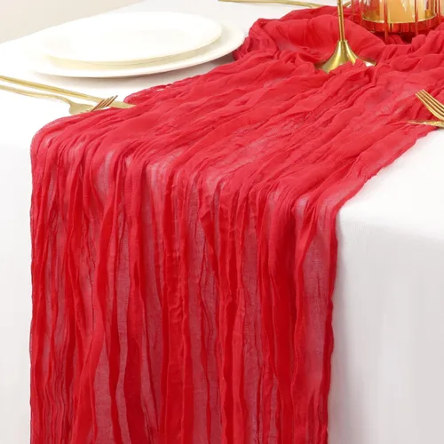 Camino de mesa de gasa de algodón rojo, 2 paquetes de 10 pies, camino de mesa de gasa de algodón de 35 x 120 pulgadas, cubierta de mesa de gasa