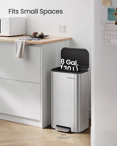 Miniatura 3 de SONGMICS Basurero de Cocina, Bote de Basura de 8 Galones (30 L) con Tapa, Acero Inoxidable, Cierre Suave y se Mantiene Abierto, Cubo Interior, Pedal