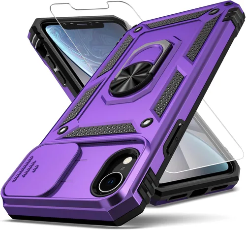 Miniatura 8 de Funda para iPhone XR, cubierta de lente de cámara deslizante integrada+soporte de anillo de dedo+protector de pantalla, funda protectora de cuerpo