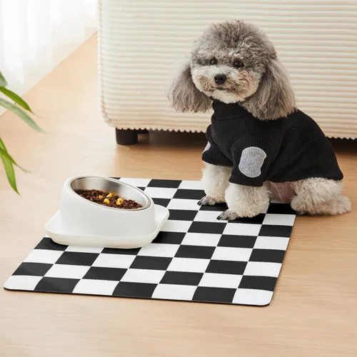 Miniatura 2 de Tapete de alimentación para perros a cuadros, absorbentes para comida y cuenco de agua, dispensador, comedero, mantel individual de tablero de Negro