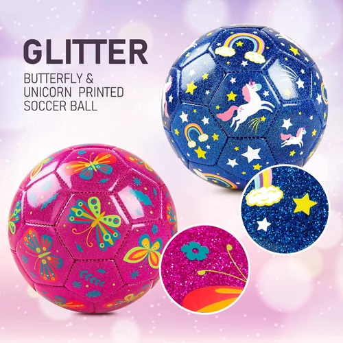 Miniatura 6 de ZOOJOY Balón de fútbol de tamaño 2 para niños pequeños, paquete de 2 pelotas de fútbol para niños con bolsa de malla de bomba, mariposa y unicornio