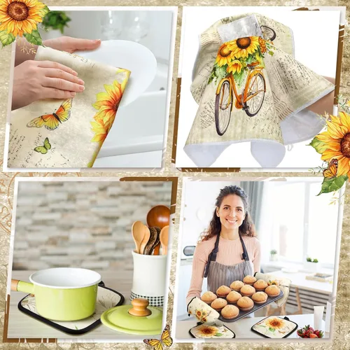 Miniatura 6 de Fourluoo Juego de 10 toallas de cocina de girasol, guantes de horno y soportes para ollas, juego de decoración de cocina de granja para mujeres