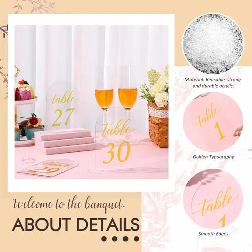 Miniatura 7 de Vicenpal Números acrílicos de mesa de boda de 1 a 30 pulgadas, soporte de exhibición de tarjetas de números de arco dorado de 4 x 6 pulgadas