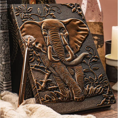 Miniatura 7 de Diario de Cuero Vintage con Elefante 3D con Juego de Bolígrafos, Libreta Diaria de Cuero Antiguo Hecha a Mano, Cuaderno de Bocetos, Diario de Viaje