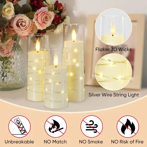 Miniatura 5 de Raycare Vela sin llama con temporizador remoto, 7 velas LED de acrílico parpadeantes con cuerda de estrella integrada para Navidad, boda, decoración