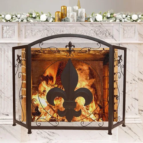 Miniatura 3 de BestGiftEver Pantalla decorativa para chimenea de 3 paneles con diseño de flor de lis, marrón oscuro clásico, cubierta decorativa de malla de hierro