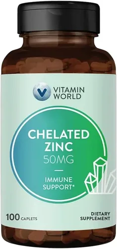 Vitamin World Zinc quelatado de 50 mg - 100 comprimidos, suplemento de zinc quelado de alta potencia y bien absorbido, apoya la salud inmunológica,