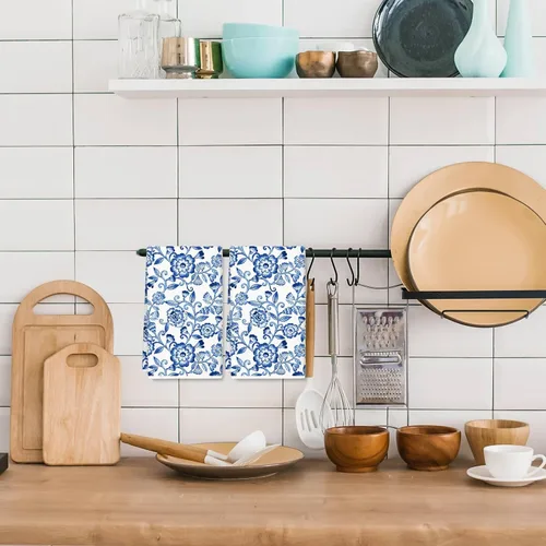 Miniatura 5 de JarThenaAMCS Toalla de cocina floral azul y blanco, estilo bohemio, vintage, de 18 x 28 pulgadas, secado a mano, para cocinar, hornear, limpiar, 2