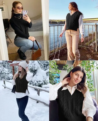 Miniatura 2 de Chaleco tipo suéter para mujer, cuello en V, sin mangas, de punto, liso, casual, acanalado, sin botones, sin botones