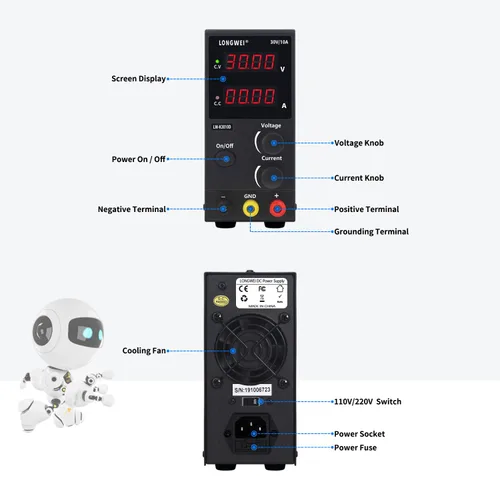 Miniatura 3 de LONGWEI Fuente de alimentación de CC variable, 30 V 10 A, 4 pantallas LED digitales, fuente de alimentación de conmutación regulada ajustable