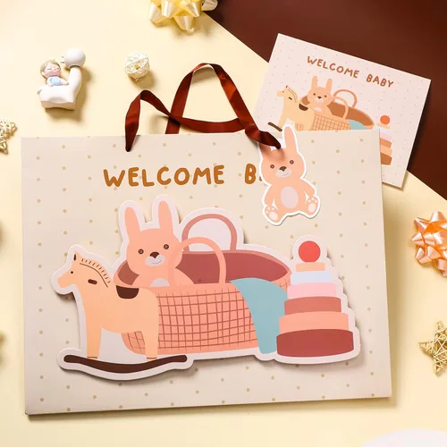 Miniatura 5 de LeZakaa Bolsa de regalo de conejo de 16 pulgadas con papel de seda, etiqueta de regalo y tarjeta, bolsa caqui con conejo en el baño y diseño de Bebé