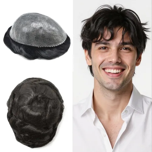 Miniatura 24 de LYRICAL HAIR Toupee for Men Human Hair Replacement System Injected Poly Skin Male Prothesis Durable PU Mens Hairpiece Wig 5"X7" #1 Jet Black 120%