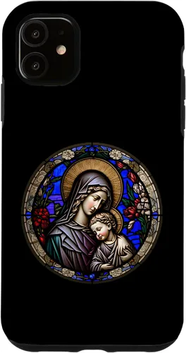 Funda para iPhone 11 Religious Blessed Virgin María y Jesús con diseño de vidrieras