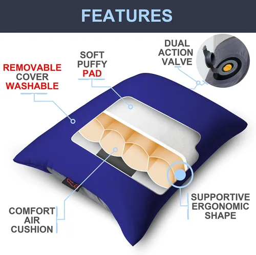 Miniatura 2 de X-Foam - Almohada inflable para acampar con funda de espuma extraíble, cómoda, lavable, ultraligera, portátil con soporte lumbar para el cuello