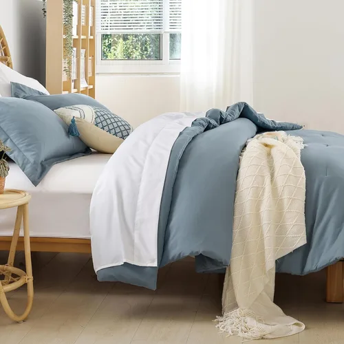 Miniatura 7 de weigelia Juego de edredón tamaño King, edredón azul polvoriento con 2 fundas de almohada, 7 piezas, color azul, juego de ropa de cama King para Azul