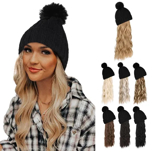 Miniatura 17 de Flufymooz Gorro con peluca, extensión de pelo con gorro de piel sintética con pompón largo ondulado rizado, peluca con gorro adjunto de 20 pulgadas